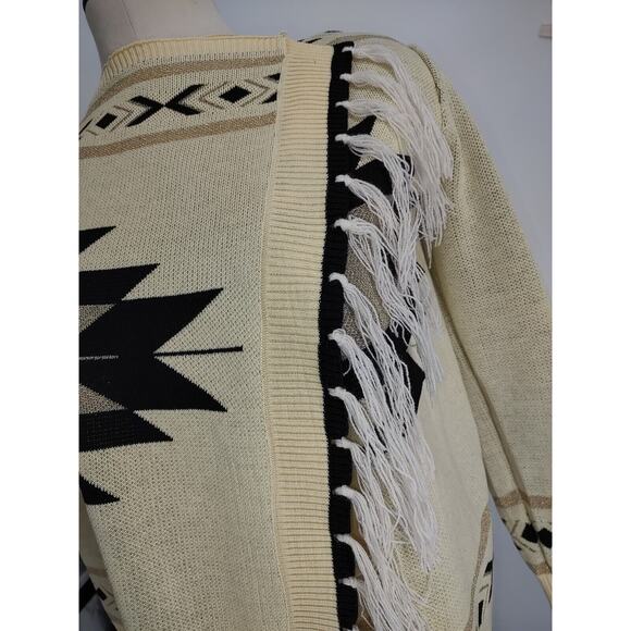 Woman's Aztec Tan Black Open Cardigan Sweater Size Large Fringe Metallic Unbrand - Picture 6 of 12